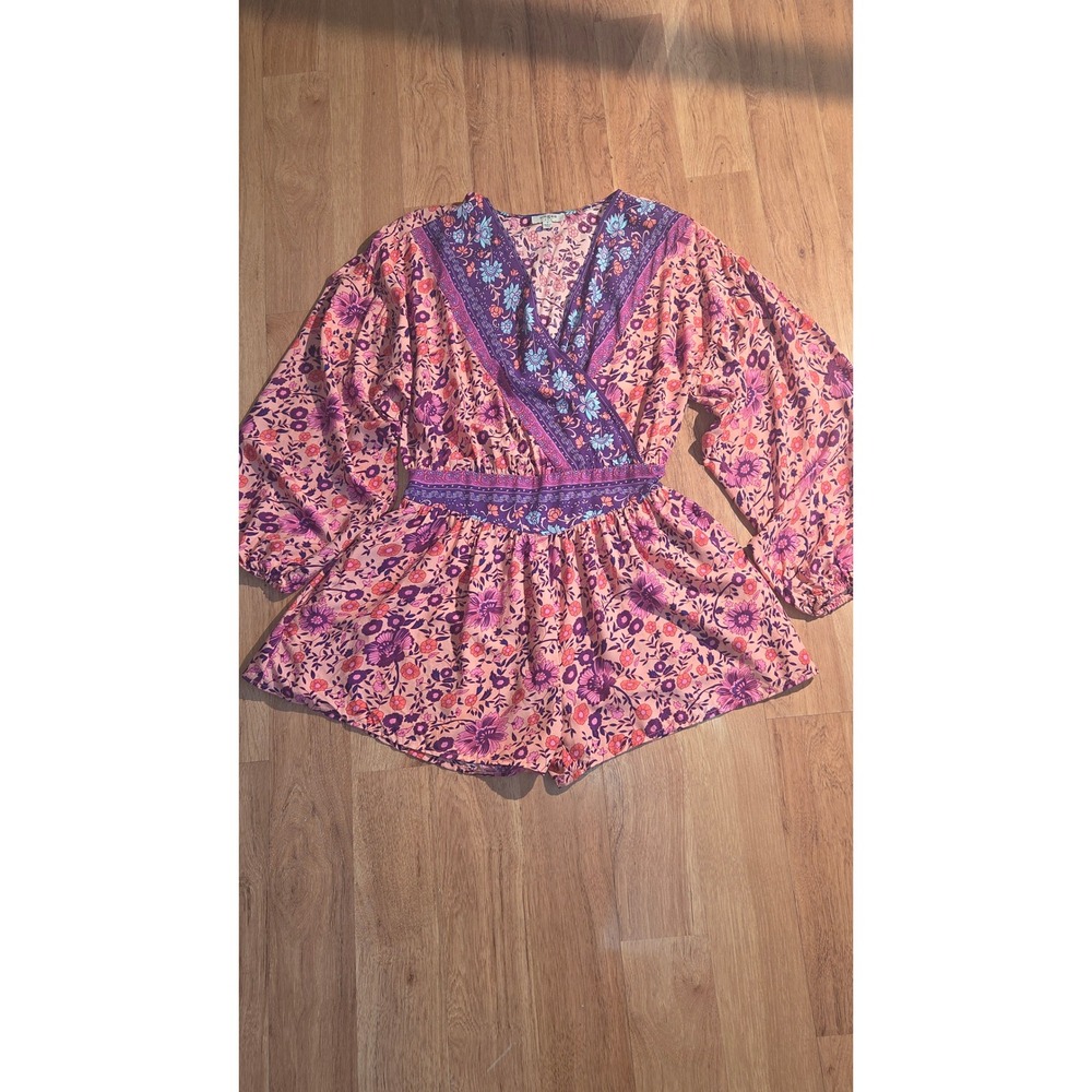 Umgee USA Floral Surplice Romper Pink Purple Boho Smocked Waist G1862 Small